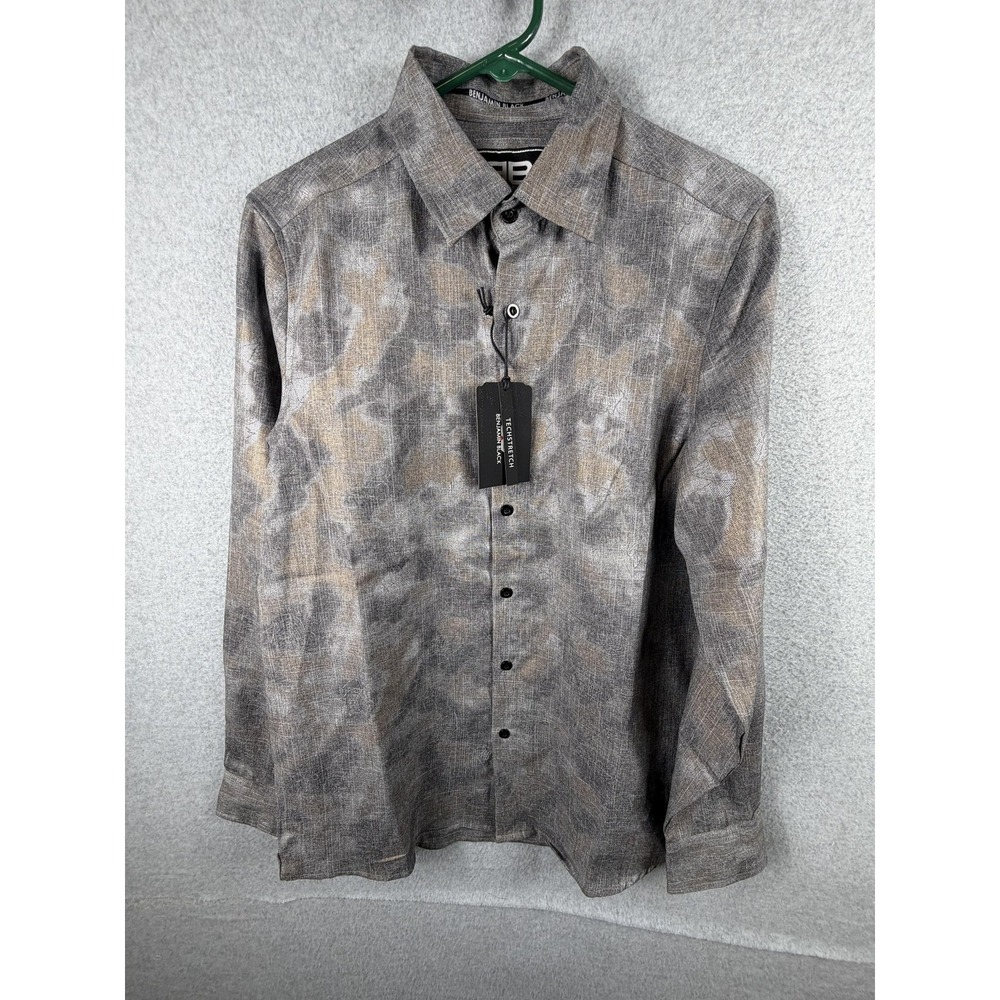 Benjamin Black Shirt Mens Medium Gray Techstretch Long Sleeve Button Up Casual